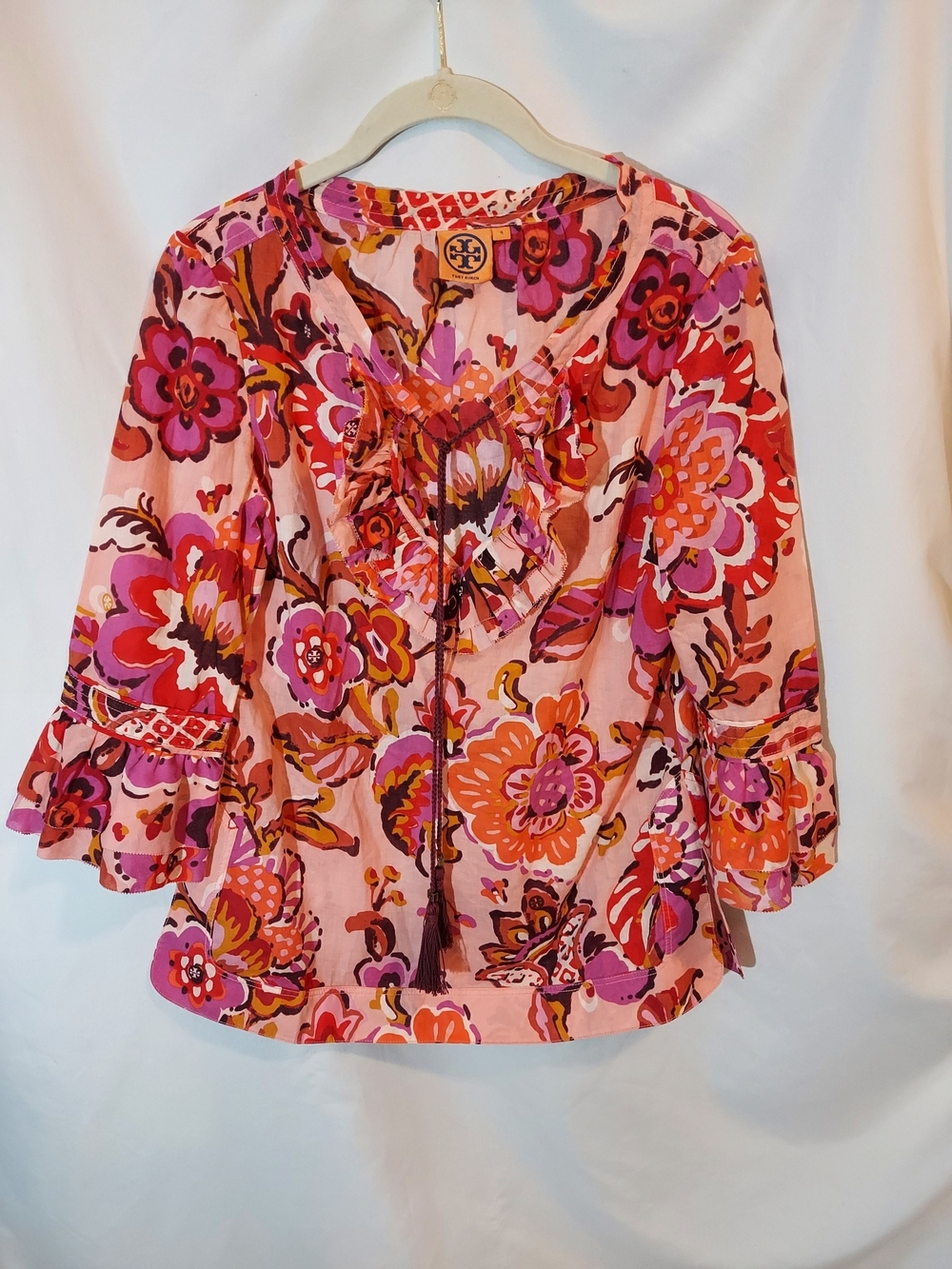 Tory Burch Gwenna Tassel Tie Floral Blouse Ruffle Bell Sleeve Cotton Pink 4